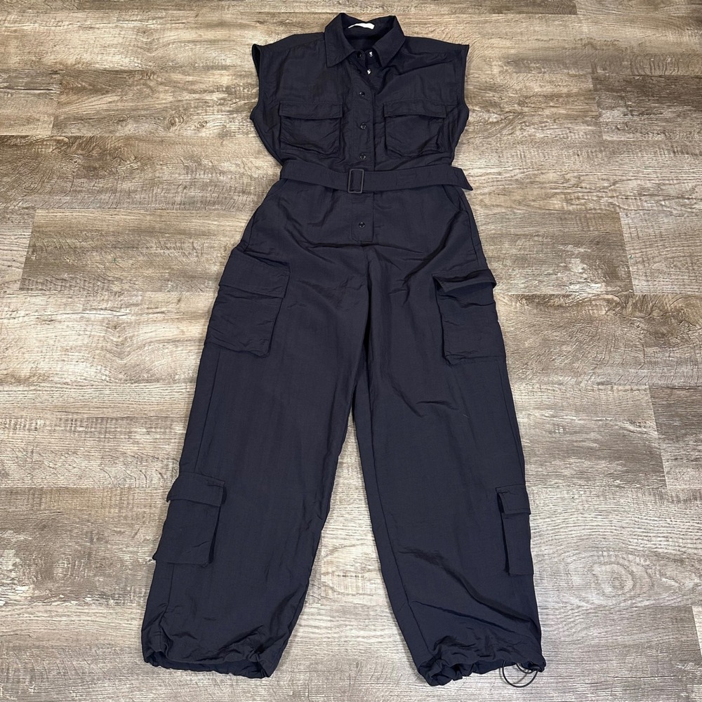 Oak + Fort Black Nylon Sleeveless Cargo Jumpsuit Belted Utility Techwear Small
